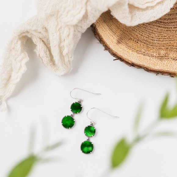 Recycled Vintage 1960's Bright Green Beer Bottles Sterling Double Take Earrings - Picture 2 of 5